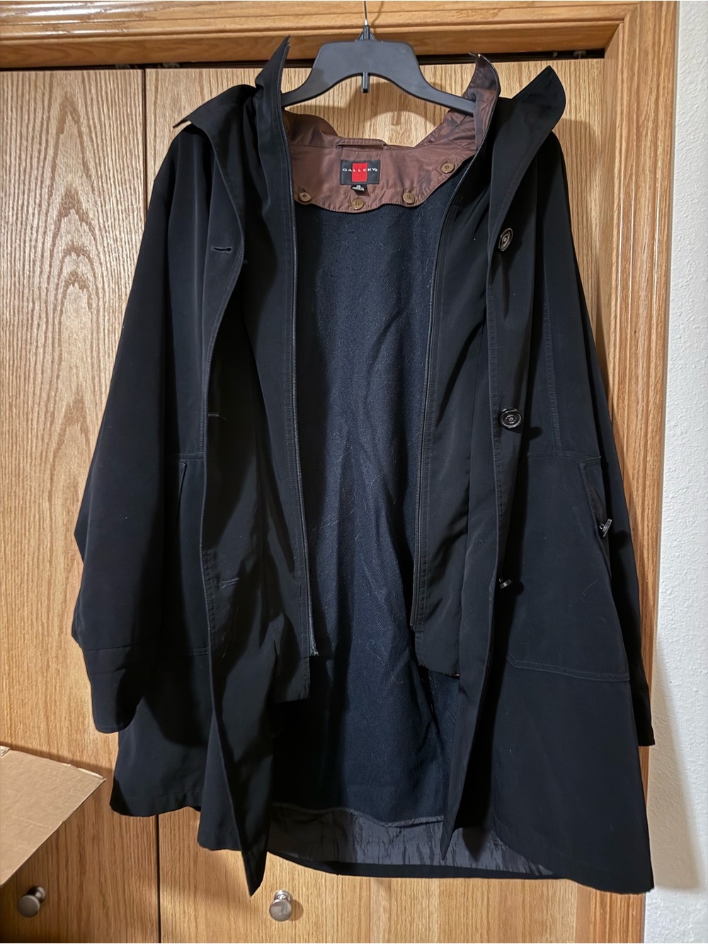 Gallery Black Utility Trench Vintage Layer Hooded Coat with Brown Trim